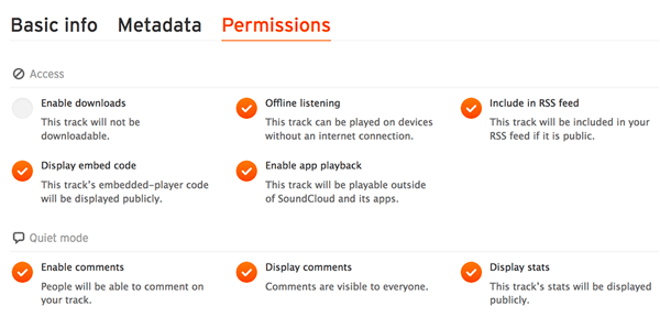 בדוק בכרטיסיה הרשאות כדי לוודא שקובץ השמע שלך כלול בפיד ה- RSS שלך של SoundCloud.
