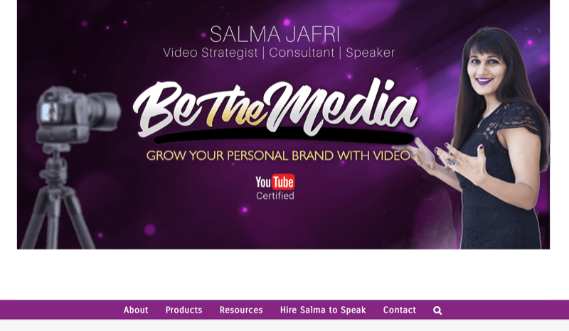 צילום מסך של האתר של סלמה ג'פרי המציין אותה להיות מותג התקשורת