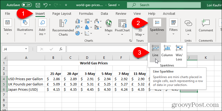 בחר באפשרות Excel Sparkline Type