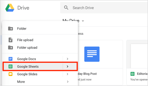 לחץ על הלחצן חדש משמאל ובחר Google Sheets מהתפריט הנפתח.