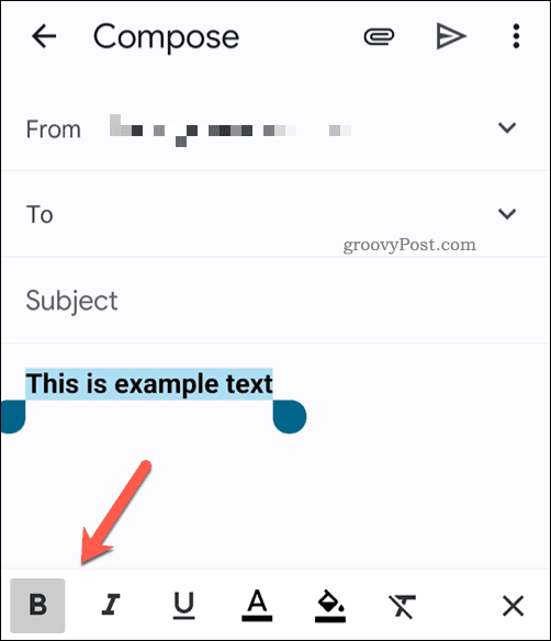 סרגל הכלים של עיצוב הטקסט באפליקציית Gmail בנייד