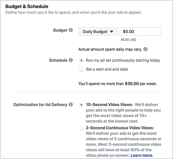תקציב המודעות של פייסבוק ואפשרויות לוח הזמנים כוללות תקציב יומי וצפיות של 10 שניות.
