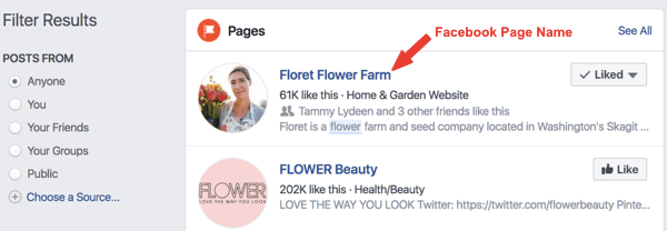 דוגמה לדף הפייסבוק בשם Floret Flower Flower בתוצאות החיפוש.