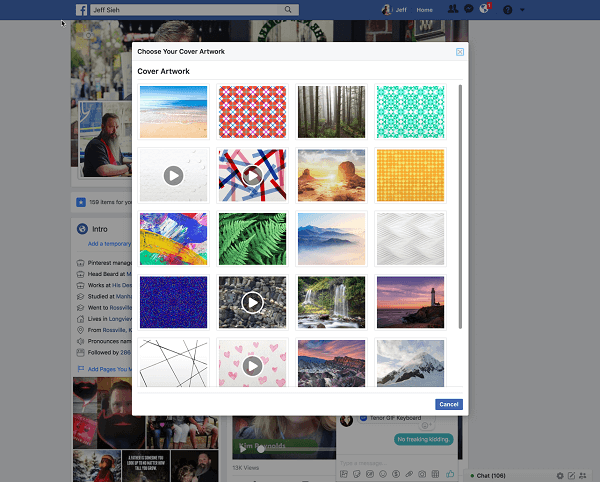 פייסבוק מאפשרת כעת למשתמשים לבחור סרטון לתמונת שער פרופיל מספריית Artwork. 