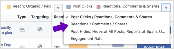 לחץ על החץ לצד תגובות, הערות ושיתופים בתובנות דף הפייסבוק שלך.