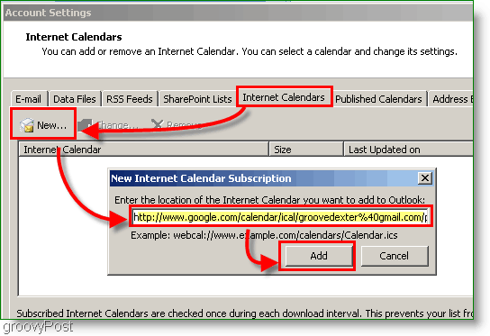 תמונת מסך של לוח השנה של Outlook 2007 - הוסף לוח שנה לאינטרנט