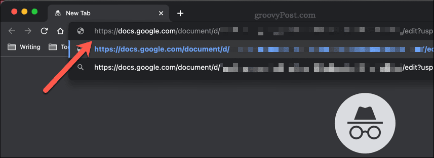 הדבקת קישור לשיתוף של Google Docs בשורת הכתובת של חלון גלישה בסתר של Google Chrome