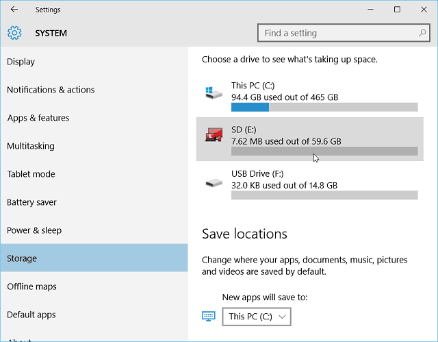 אחסון הגדרות Windows 10