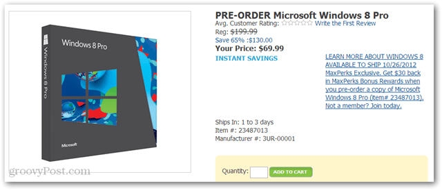 קנו את Windows 8 Pro במחיר של 40 דולר מאמזון (DVD-ROM, 69.99 $ בתוספת 30 $ אשראי אמזון)