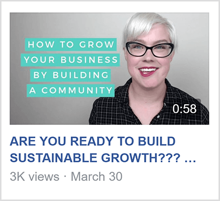 כדי ללמד בקבוצת פייסבוק, קייטלין באכר משתפת סרטון כמו הסרטון הזה עם הטקסט How to Grow העסק שלך על ידי בניית קהילה ותמונה של קייטלין מהכתפיים כלפי מעלה ופונה ל מַצלֵמָה.