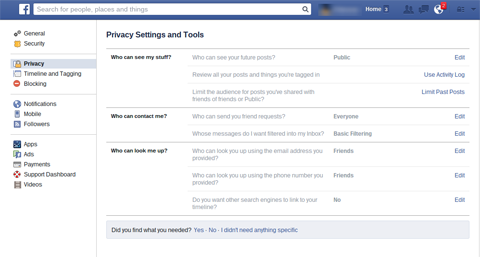 כרטיסיית הפרטיות של פייסבוק