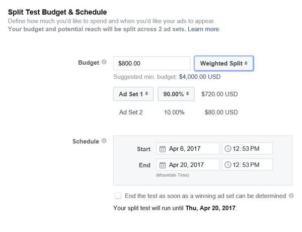 פייסבוק מאפשרת לך לקבוע כמה תקציב להקצות לכל קבוצת מודעות.