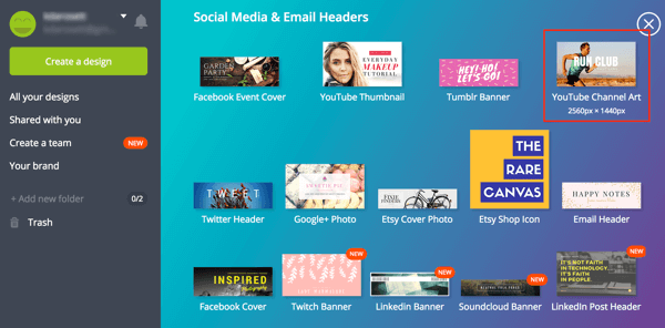 Canva מציעה מגוון תבניות מדיה חברתית, כולל אחת לאמנות ערוץ YouTube.