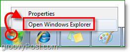 כדי להיכנס ל- Windows 7 Explorer, לחץ באמצעות לחצן העכבר הימני על מסלול ההתחלה ולחץ על Explorer Explorer