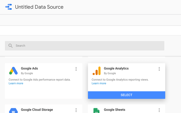 השתמש ב- Google Data Studio כדי לנתח את מודעות הפייסבוק שלך, שלב 2, אפשרות להשתמש ב- Google Analytics כמקור הנתונים שלך