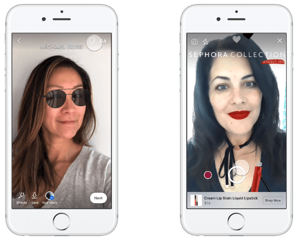 מייקל קורס היה המותג הראשון שבדק מודעות AR ב- News Feed, ואיפשר לאנשים לנסות זוג משקפי שמש ולבצע רכישה על סמך ניסיונם.