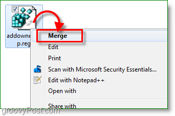צילום מסך של Windows 7 - מיזוג של תיקון מפתח הרישום
