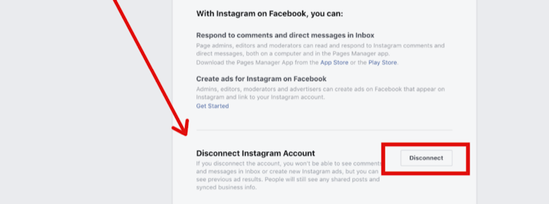 שלב 2 לניתוק חשבון Instagram בהגדרות עמוד הפייסבוק