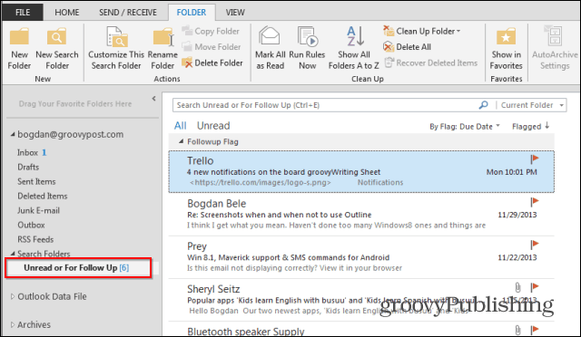 מעקב אחר תיקיות החיפוש של Outlook 2013