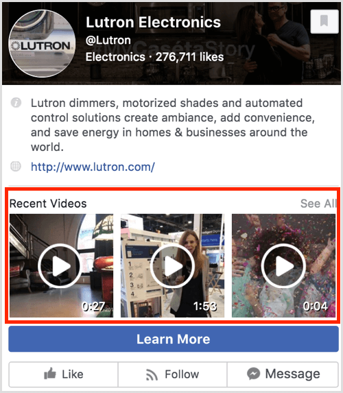 תצוגה מקדימה של עמוד פייסבוק המציגה סרטונים אחרונים.