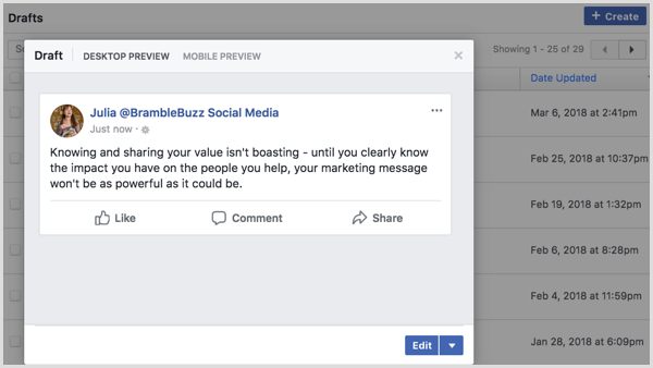פתח טיוטת פייסבוק שמורה מהכרטיסייה כלי פרסום.
