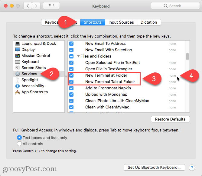 לחץ על ללא כדי להוסיף קיצור דרך לטרמינל החדש בשירות התיקיות במחשב Mac
