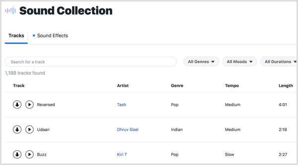 הורד רצועות מוסיקה ואפקטים קוליים באוסף הקול של פייסבוק.