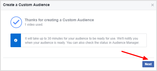 פייסבוק מציגה הודעה המאשרת שהקהל המותאם אישית בווידאו שלך נעשה.