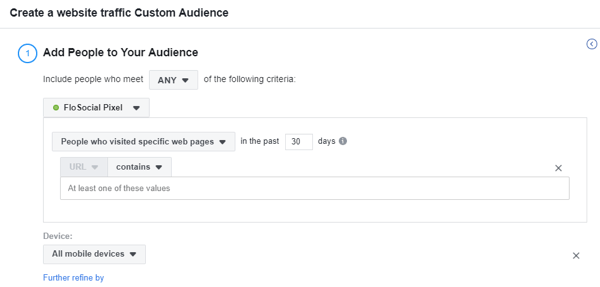 השתמש בכלי הגדרת האירועים של פייסבוק, שלב 17, הגדרות כדי ליצור קהל פייסבוק מותאם אישית של תעבורת אתרים המבוסס על מכשיר