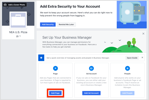 לחץ על הוסף עמוד כדי להוסיף את עמוד הפייסבוק שלך למנהל העסקים.