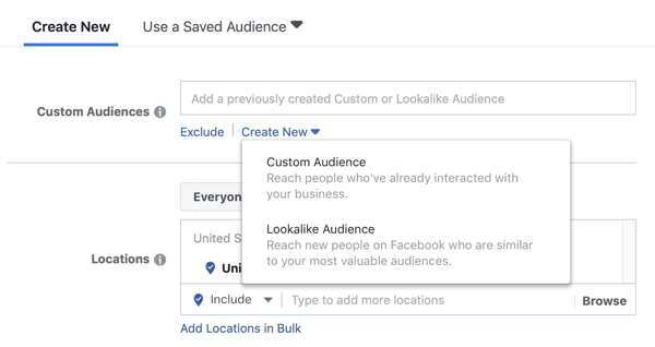 אפשרויות לשימוש בקהל מותאם אישית או בקהל דומה למסע פרסום מוביל בפייסבוק.