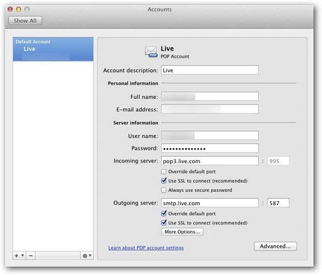 Microsoft Outlook Mac 2011: הגדר את Windows Live Mail באמצעות POP3