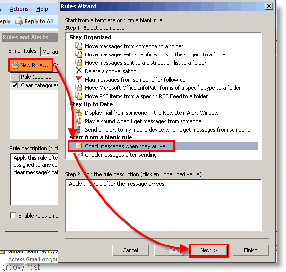 Outlook 2007 - צור כלל Outlook עם הגעת הדוא"ל
