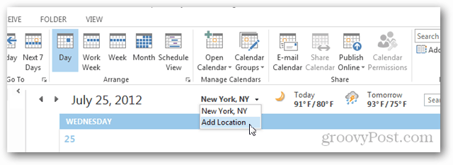 כיצד להוסיף ולהסיר מיקומי מזג אוויר בלוח השנה של Outlook 2013