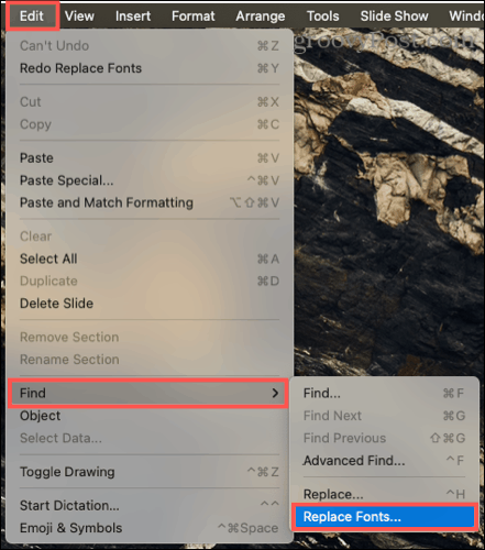 ערוך, מצא, החלף גופנים ב- PowerPoint ב- Mac