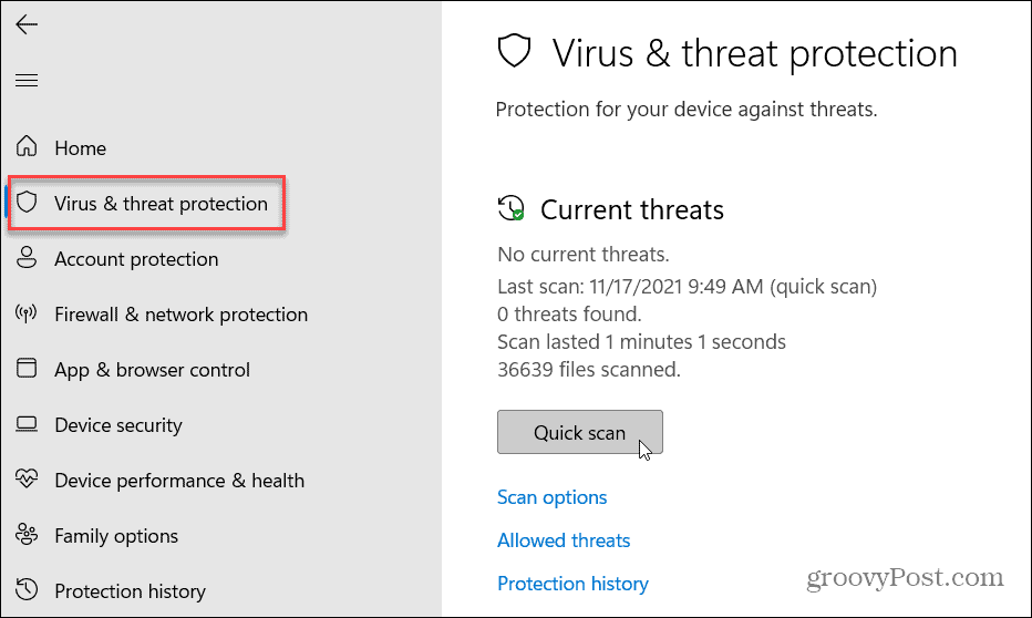 הגנה מפני וירוסים ואיומים Windows 11