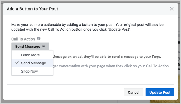 בחירת כפתור המסנג'ר של פייסבוק ביצירת מודעות.