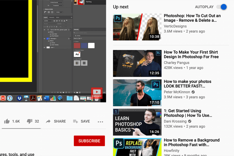 מסך צפייה בווידאו YouTube המציג סרטונים להפעלה אוטומטית בצד ימין של המסך, מומלץ על ידי YouTube בהתבסס על הצפייה