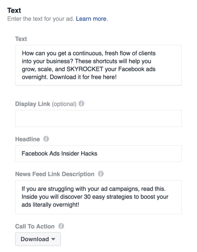 מלא את הפרטים להגדרת מודעת הפייסבוק שלך.