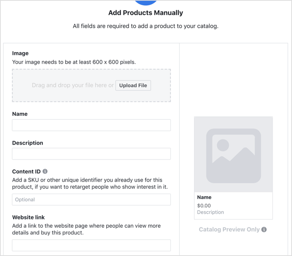 הזן פרטים כדי להוסיף מוצר לקטלוג הפייסבוק שלך.
