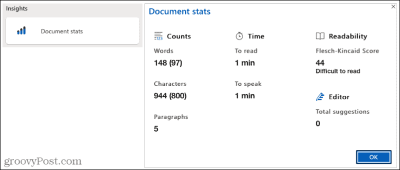 סטטיסטיקות מסמכים של עורך מיקרוסופט