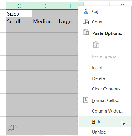 הסתר קיצור דרך של עמודות ב- Excel ב- Windows