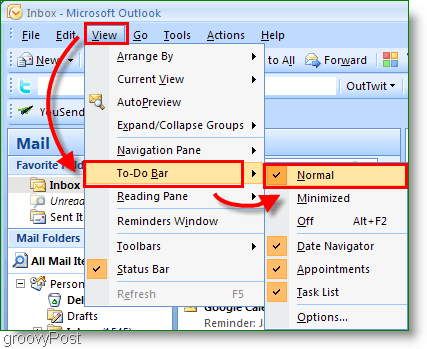 סרגל המטלות של Outlook 2007 - התאם אישית את התצוגה לרגיל