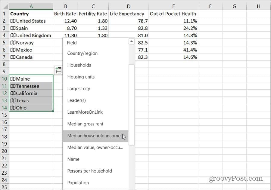 ייבוא ​​נתוני מדינה ל- Excel