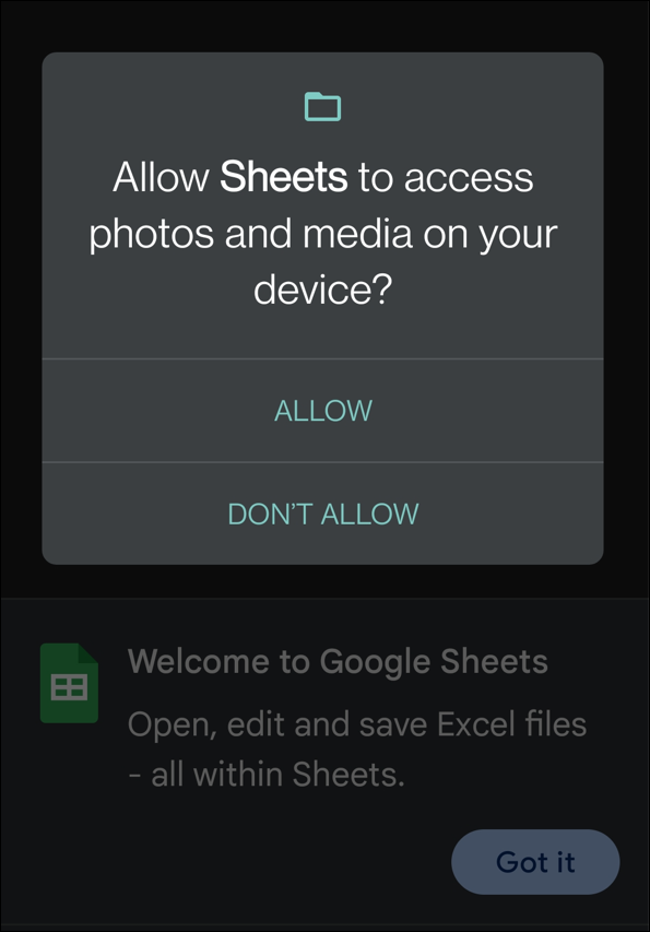 מאפשר ל-Sheets גישה לקובצי XLSX פתוחים ב-Android