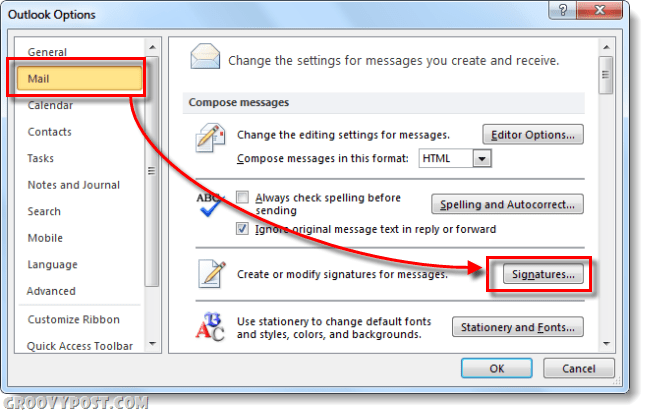 חתימות דואר באופציות של Outlook 2010