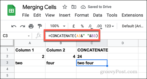 דוגמה לנוסחת CONCATENATE ב-Google Sheets באמצעות מחרוזות טקסט ריקות