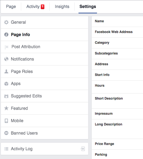 כרטיסיית הגדרות מידע על דף פייסבוק