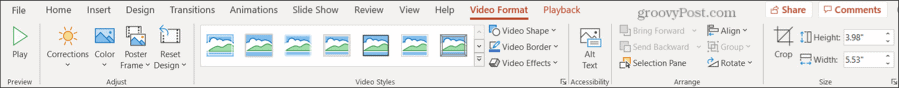 כרטיסיית פורמט וידאו ב- PowerPoint
