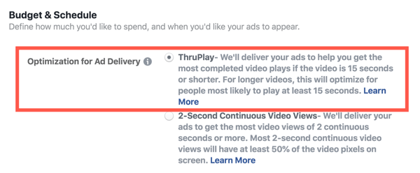 מיטוב פייסבוק ThruPlay למודעות וידאו, שלב 2.